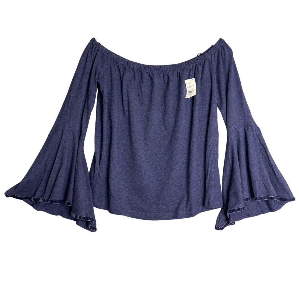New Loft Velvet Trim Off The Shoulder Bell Sleeve Top Womens S Blue Boho Hippie